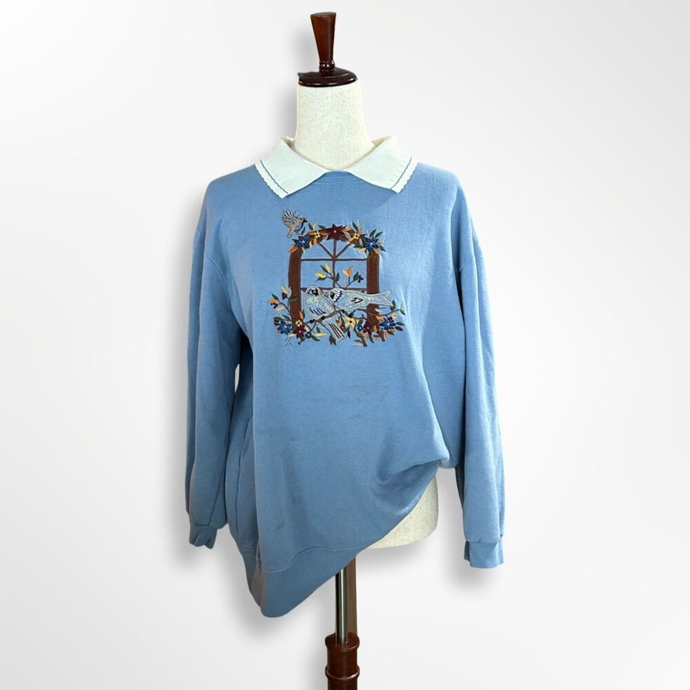 VTG 90s Bobbie Brooks Embroidered Spring Bird Collared Sweatshirt, XL grannycore